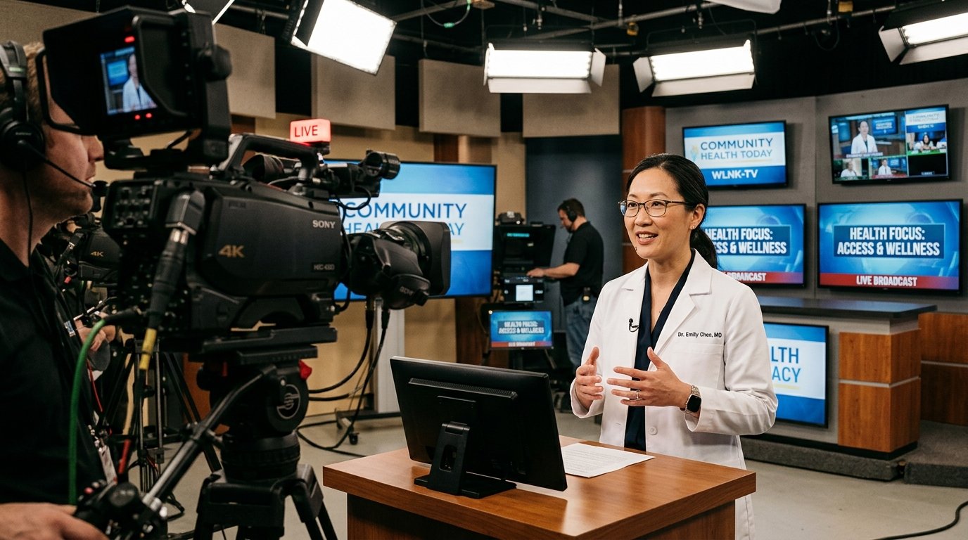 Asian American physician recorded in bright broadcast studio for community health literacy