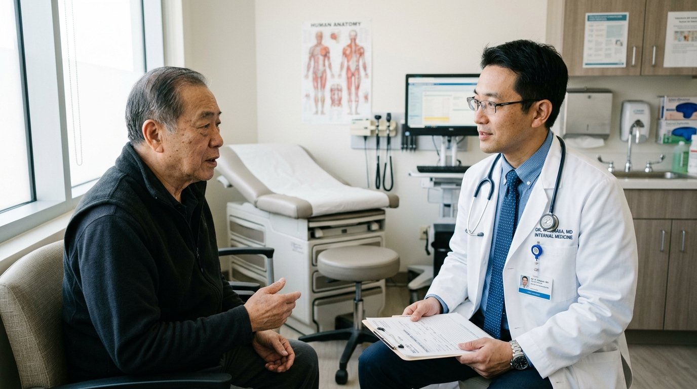 Asian physician consulting with patient in American clinical examination room
