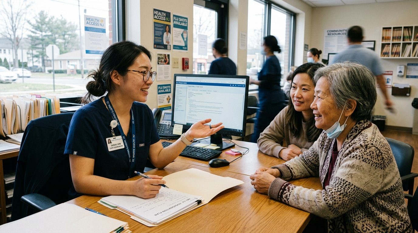 Compassionate Asian healthcare care coordinator assisting patient family in clinic
